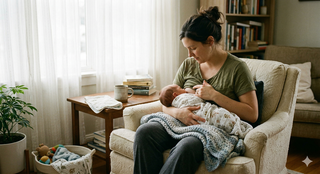 Mother breastfeeding her newborn baby at home in soft natural light during the early postpartum weeks