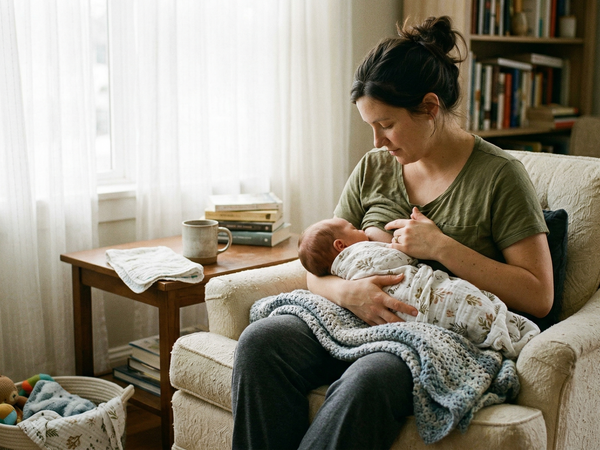 Mother breastfeeding her newborn baby at home in soft natural light during the early postpartum weeks