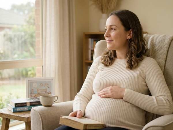 Pregnant woman in her second trimester at home in soft natural light with a visible baby bump