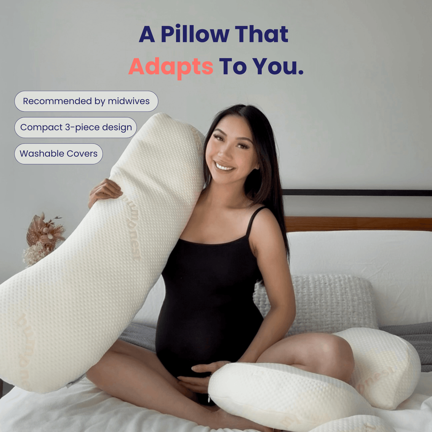 Bumpnest maternity pillow benefits showing bump, back and hip support for pregnancy sleep