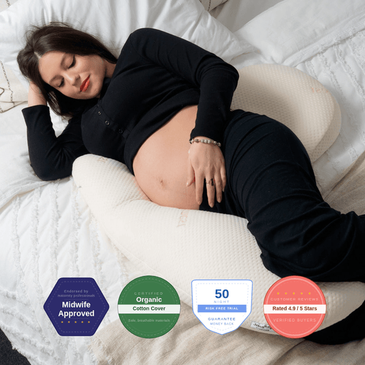 Pregnant woman lying on a bed with a support pillow, surrounded by product features and ratings.