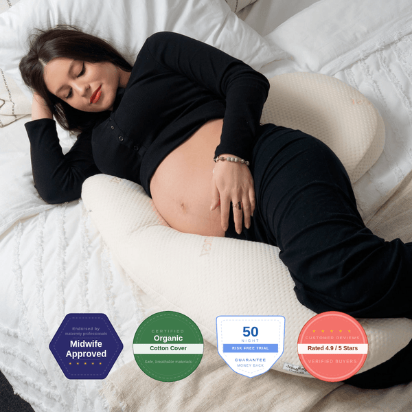 Pregnant woman lying on a bed with a support pillow, surrounded by product features and ratings.
